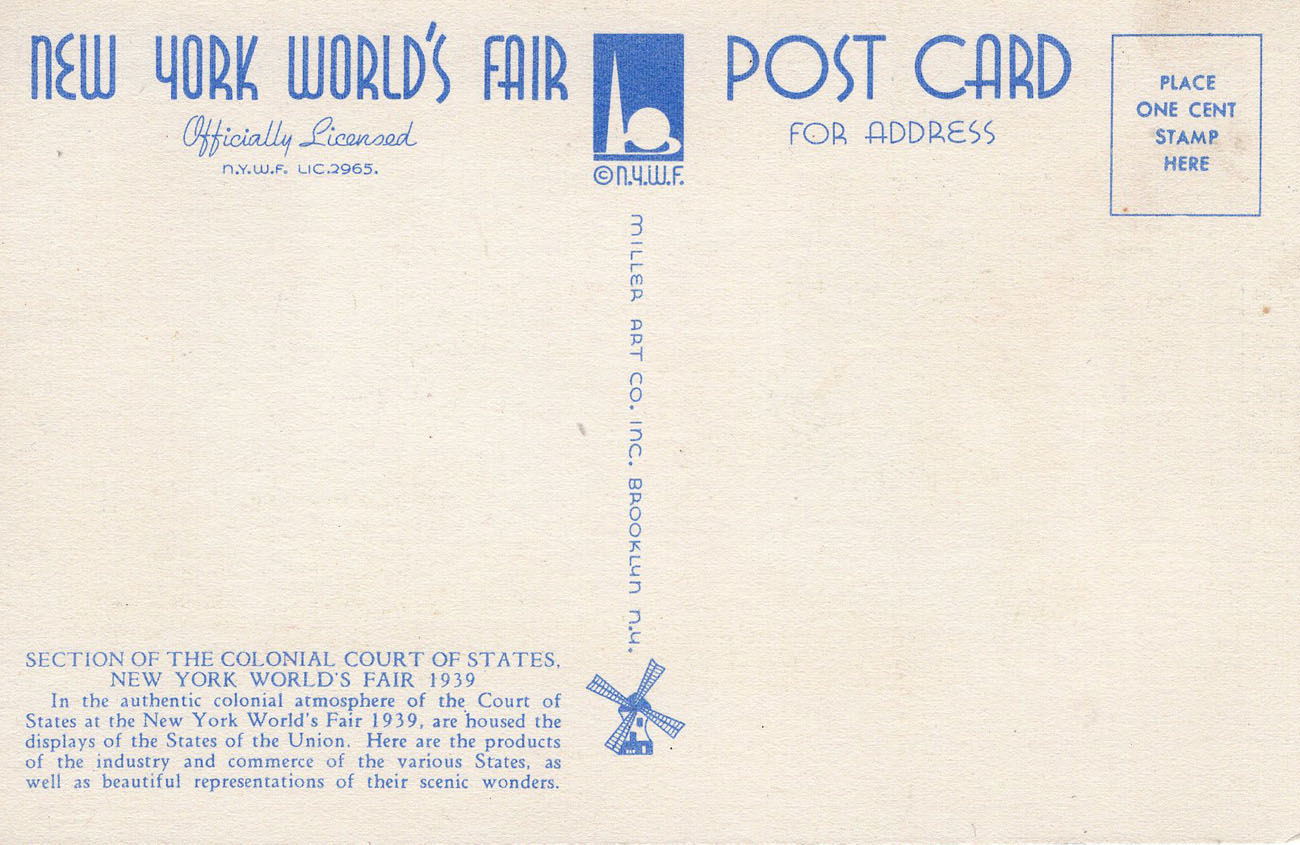 1939 New York World’s Fair postcard by Miller Art Co., #102 back 1939 New York World’s Fair postcard by Miller Art Co., #102 back