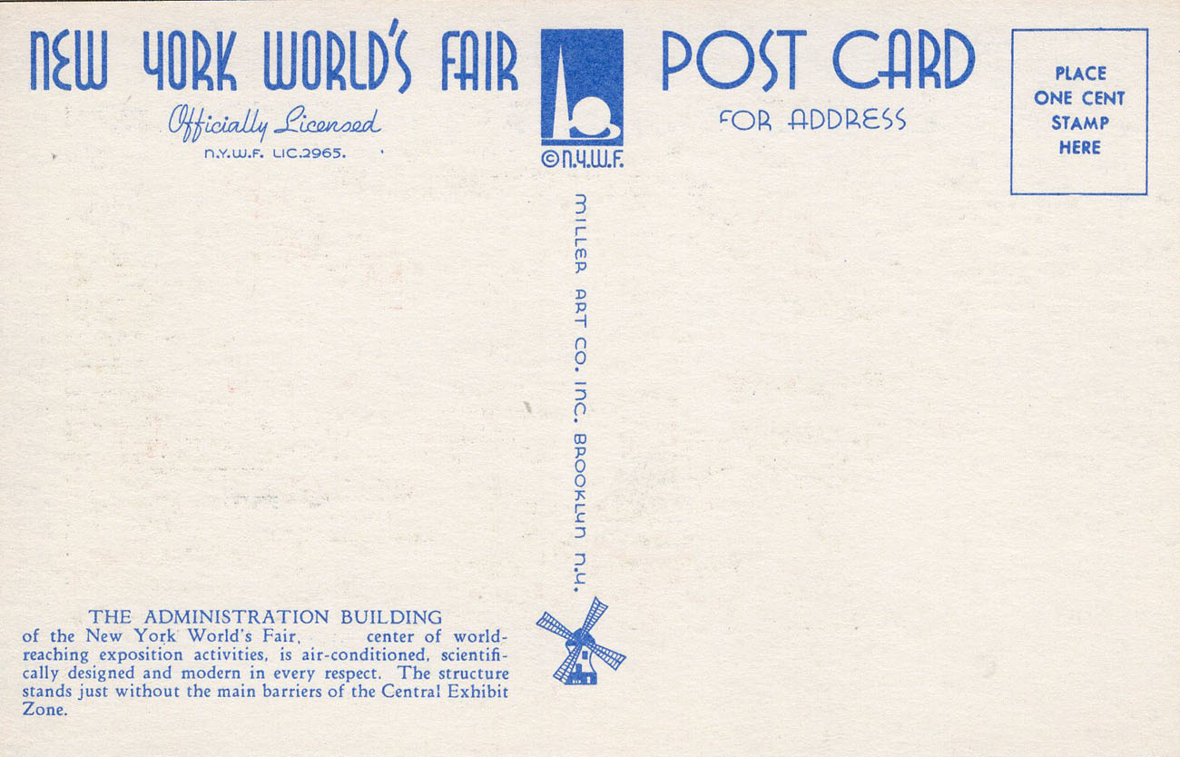 1939 New York World’s Fair postcard by Miller Art Co., #105 back 1939 New York World’s Fair postcard by Miller Art Co., #105 back