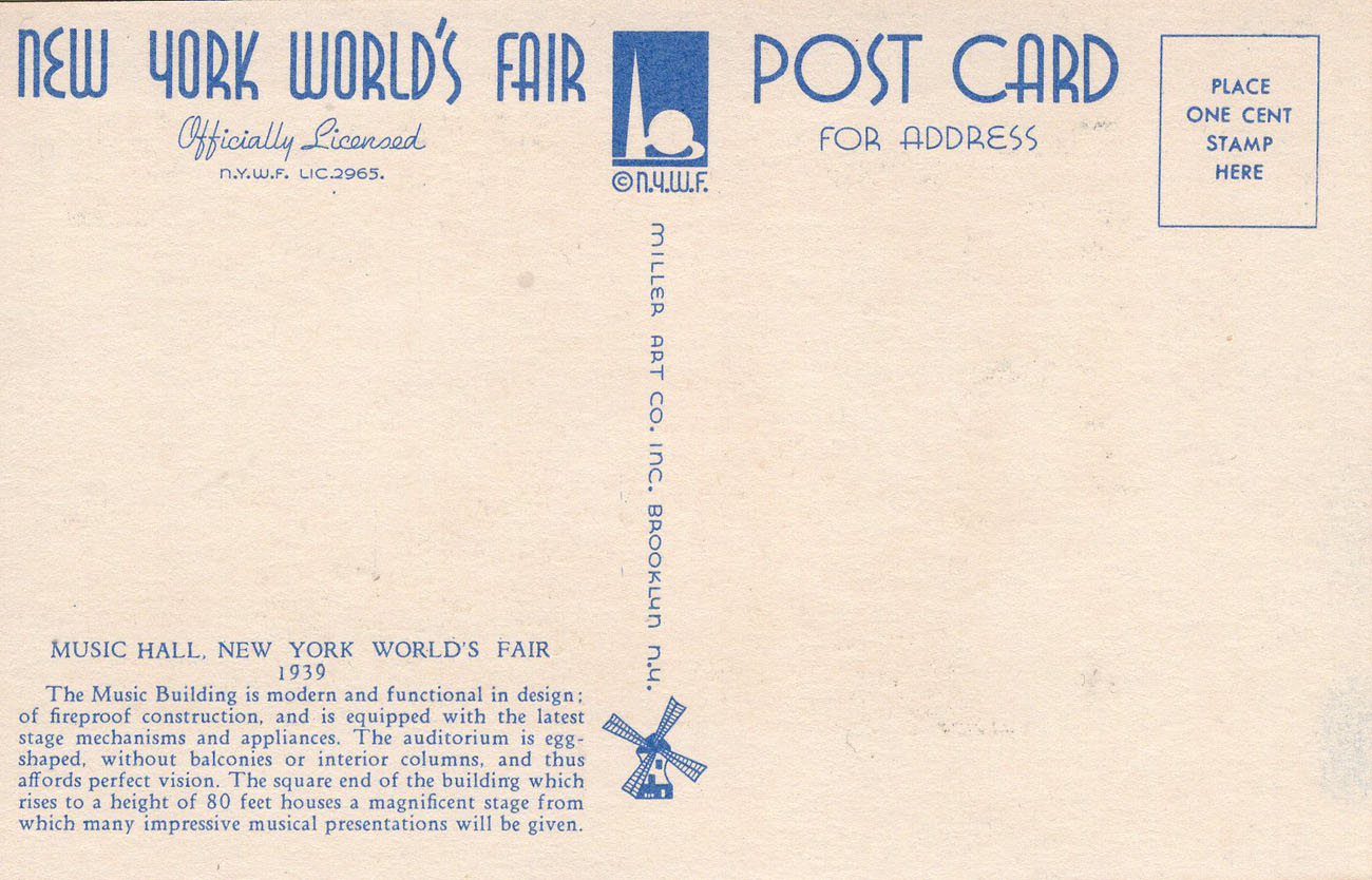 1939 New York World’s Fair postcard by Miller Art Co., #106 back 1939 New York World’s Fair postcard by Miller Art Co., #106 back