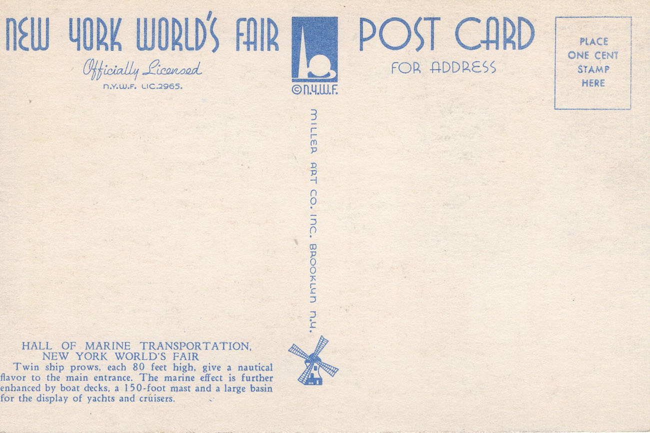 1939 New York World’s Fair postcard by Miller Art Co., #108 back 1939 New York World’s Fair postcard by Miller Art Co., #108 back