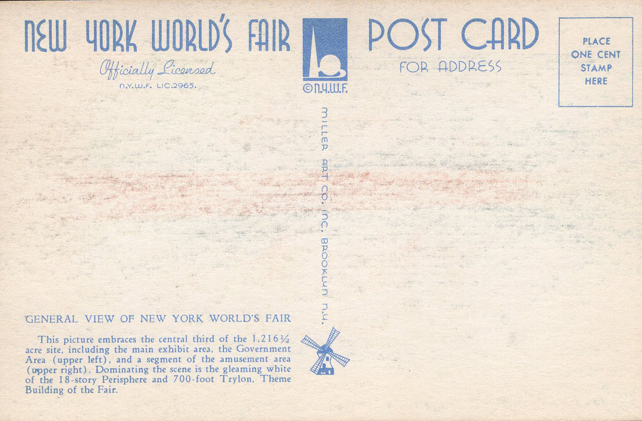 1939 New York World’s Fair postcard by Miller Art Co., #109 back 1939 New York World’s Fair postcard by Miller Art Co., #109 back