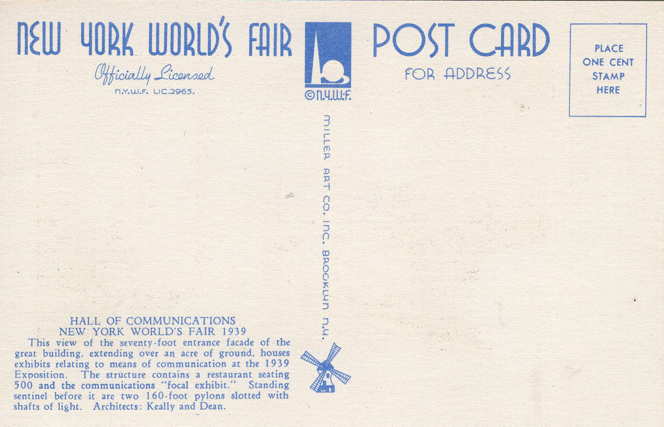 1939 New York World’s Fair postcard by Miller Art Co., #110 back 1939 New York World’s Fair postcard by Miller Art Co., #110 back