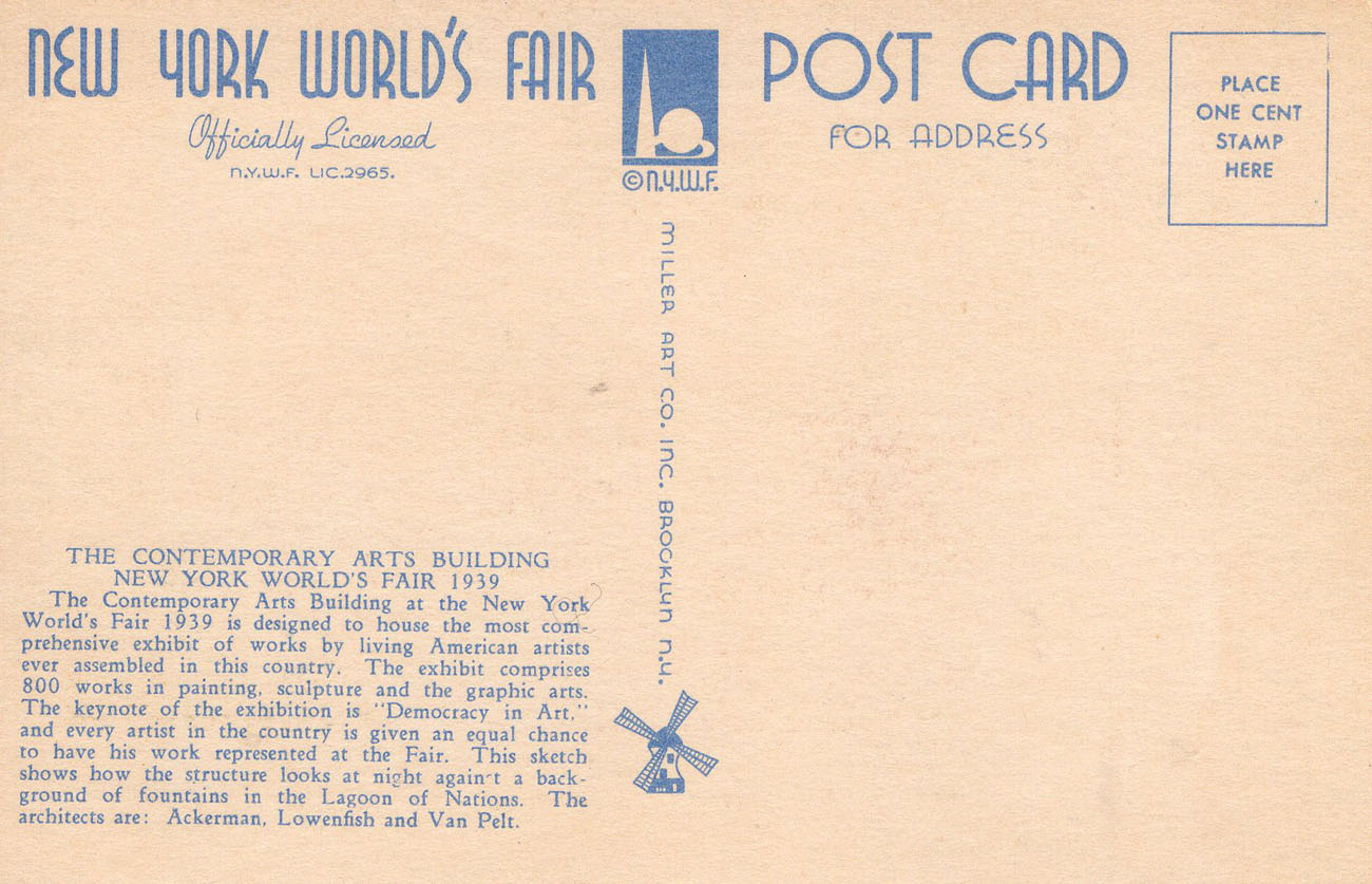 1939 New York World’s Fair postcard by Miller Art Co., #113 back 1939 New York World’s Fair postcard by Miller Art Co., #113 back