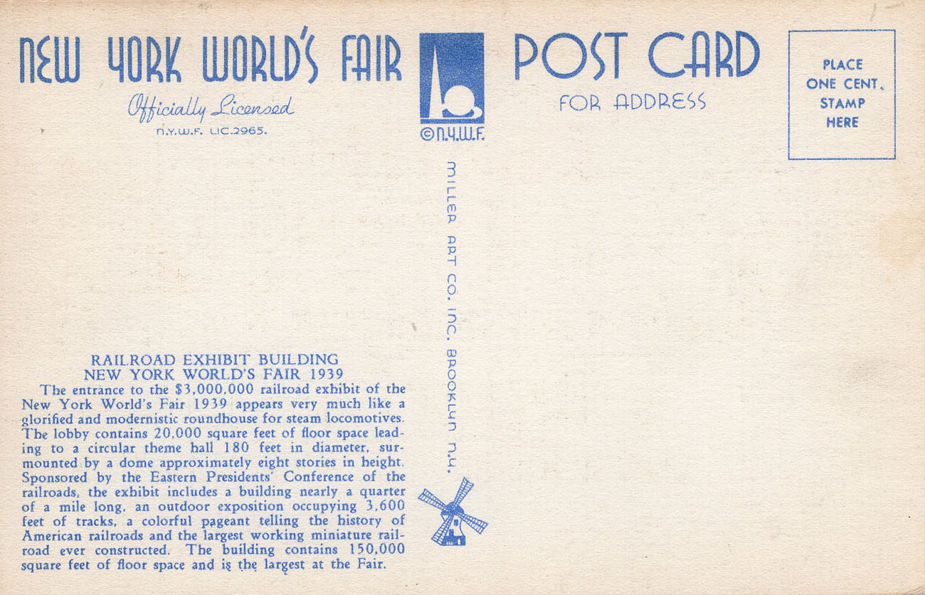 1939 New York World’s Fair postcard by Miller Art Co., #114 back 1939 New York World’s Fair postcard by Miller Art Co., #114 back
