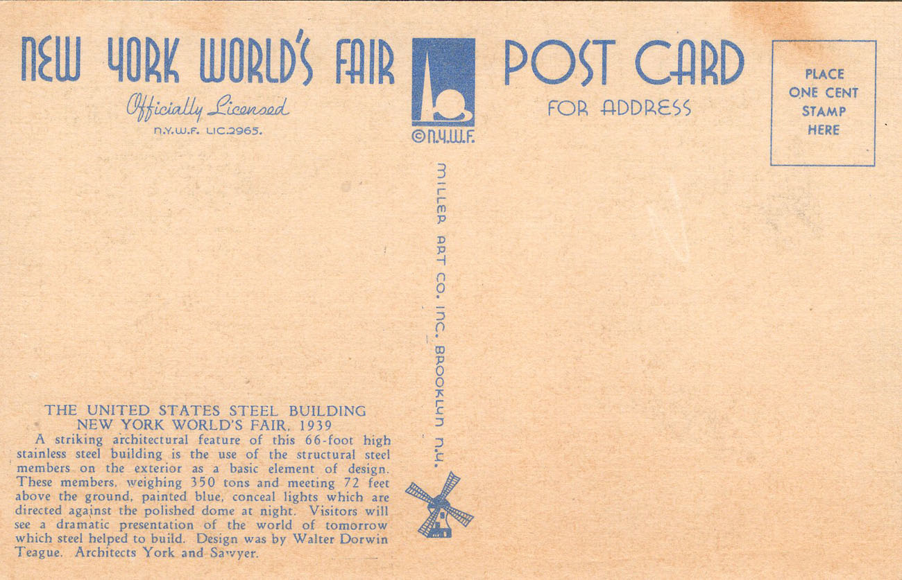 1939 New York World’s Fair postcard by Miller Art Co., #115 back 1939 New York World’s Fair postcard by Miller Art Co., #115 back