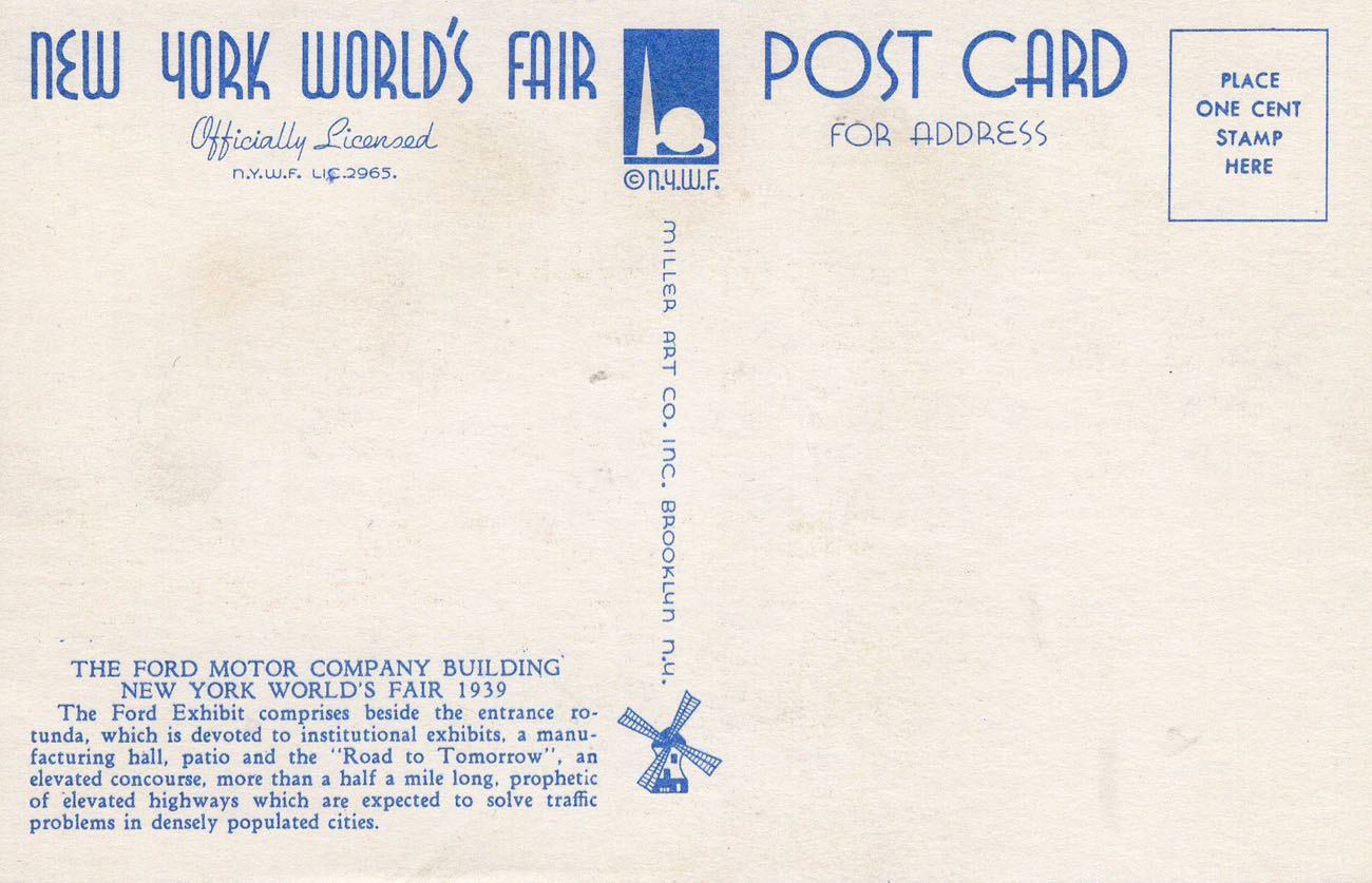 1939 New York World’s Fair postcard by Miller Art Co., #116 back 1939 New York World’s Fair postcard by Miller Art Co., #116 back