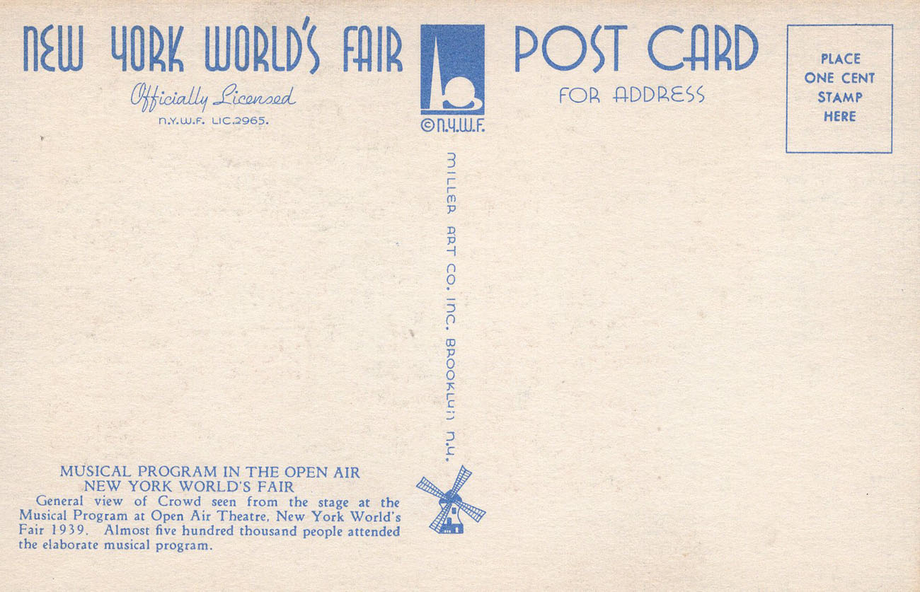 1939 New York World’s Fair postcard by Miller Art Co., #120 back 1939 New York World’s Fair postcard by Miller Art Co., #120 back