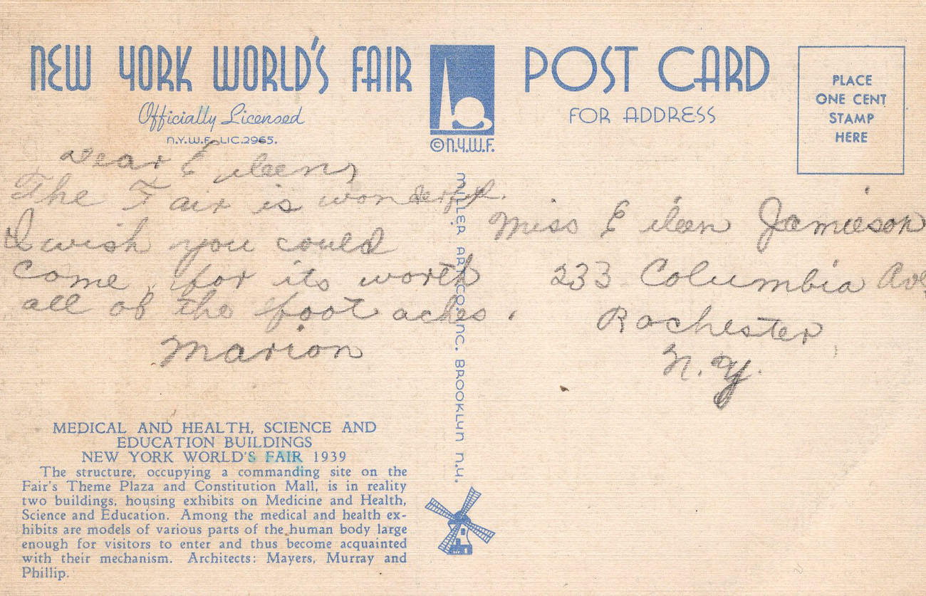 1939 New York World’s Fair postcard by Miller Art Co., #124 back 1939 New York World’s Fair postcard by Miller Art Co., #124 back