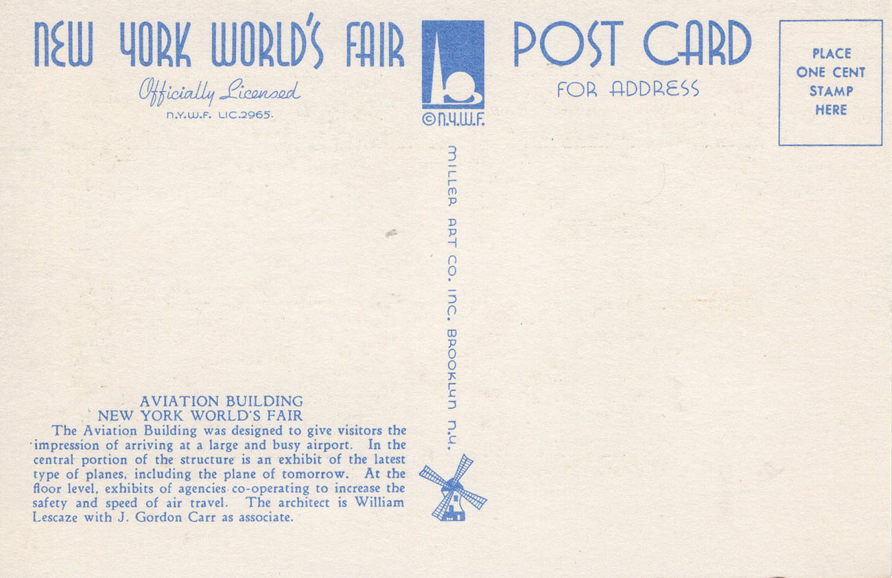 1939 New York World’s Fair postcard by Miller Art Co., #126 back 1939 New York World’s Fair postcard by Miller Art Co., #126 back
