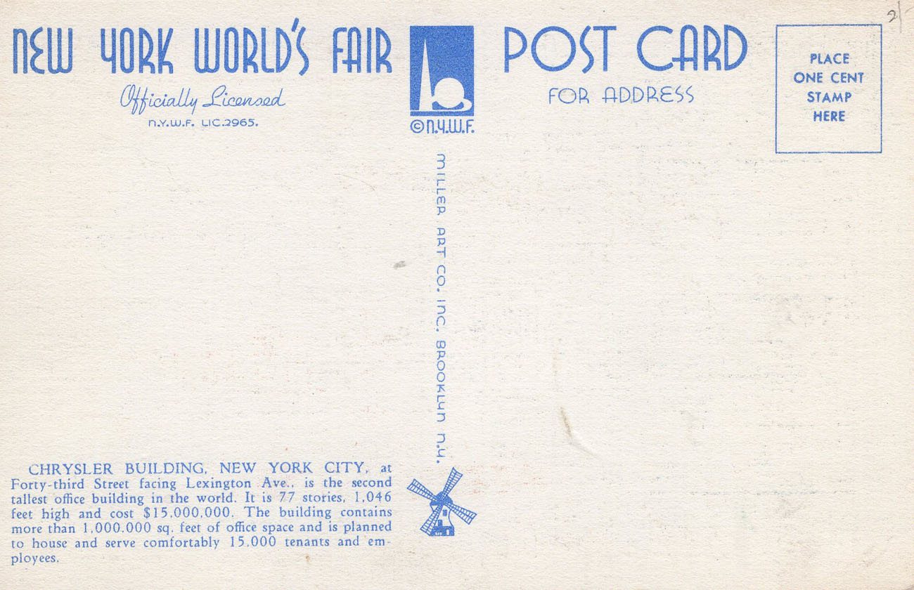 1939 New York World’s Fair postcard by Miller Art Co., #128 back 1939 New York World’s Fair postcard by Miller Art Co., #128 back