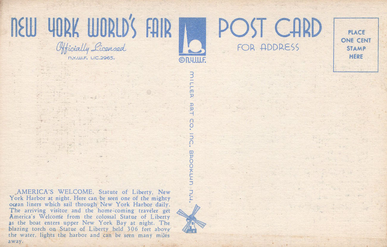 1939 New York World’s Fair postcard by Miller Art Co., #133 back 1939 New York World’s Fair postcard by Miller Art Co., #133 back