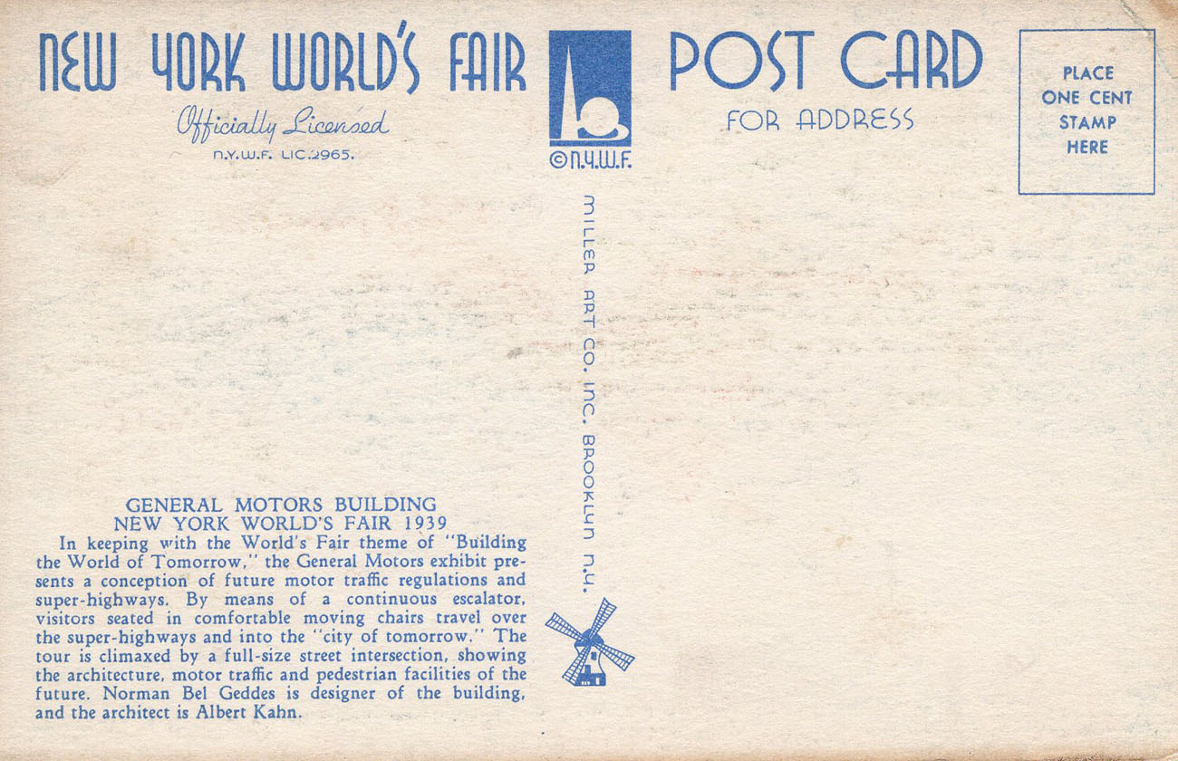 1939 New York World’s Fair postcard by Miller Art Co., #134 back 1939 New York World’s Fair postcard by Miller Art Co., #134 back
