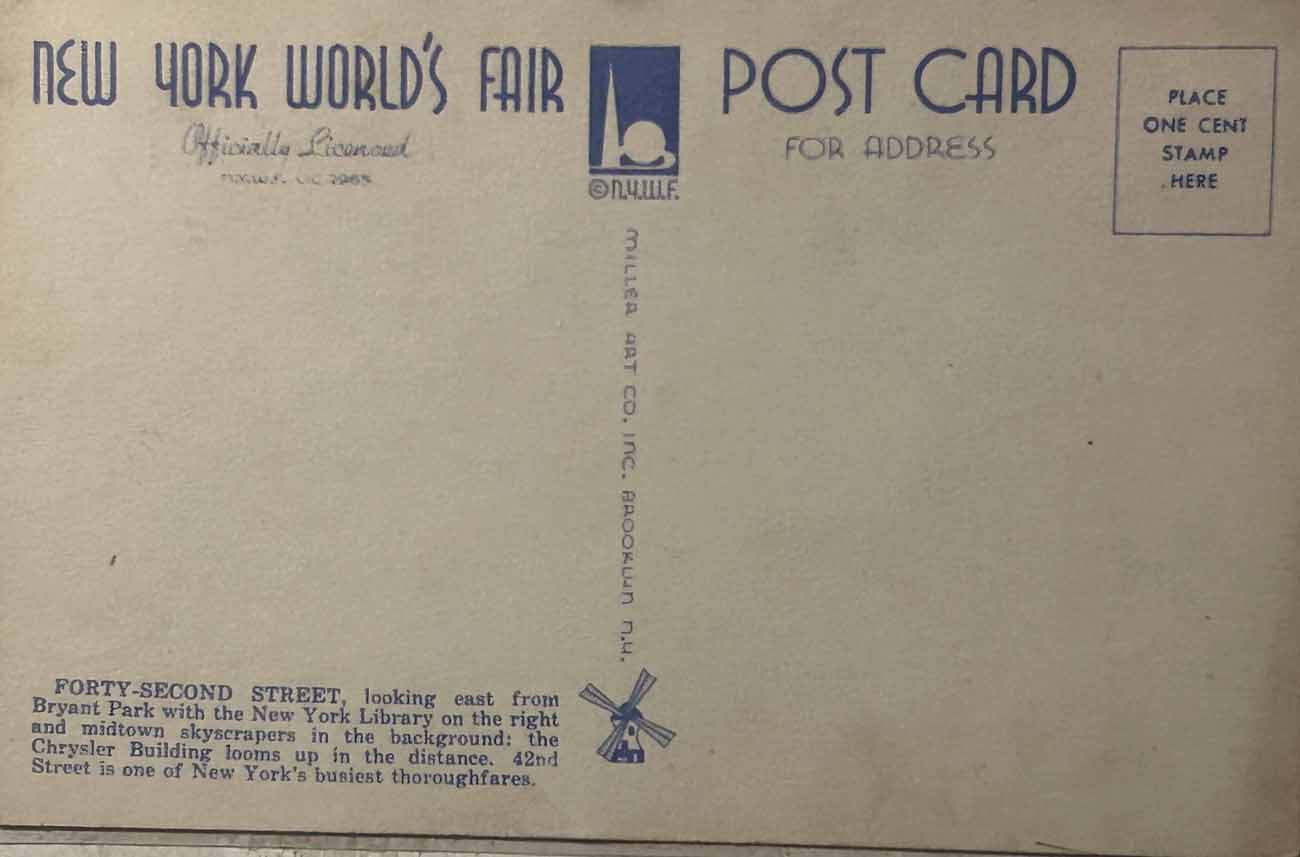 1939 New York World’s Fair postcard by Miller Art Co., #137 back 1939 New York World’s Fair postcard by Miller Art Co., #137 back