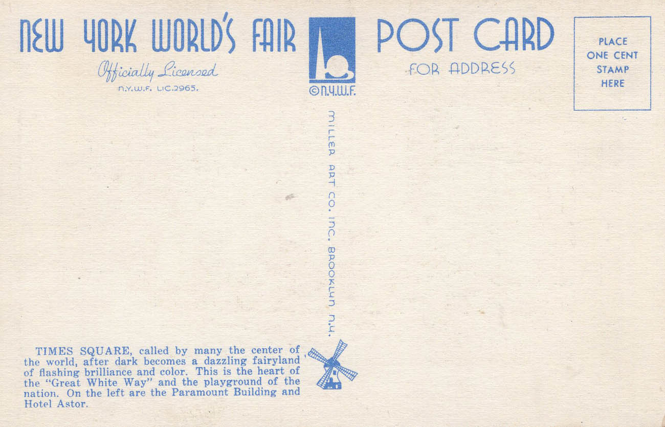 1939 New York World’s Fair postcard by Miller Art Co., #139 back 1939 New York World’s Fair postcard by Miller Art Co., #139 back
