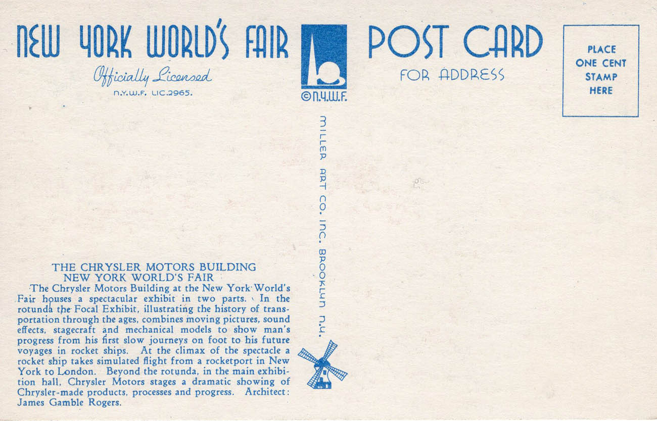 1939 New York World’s Fair postcard by Miller Art Co., #141 back 1939 New York World’s Fair postcard by Miller Art Co., #141 back