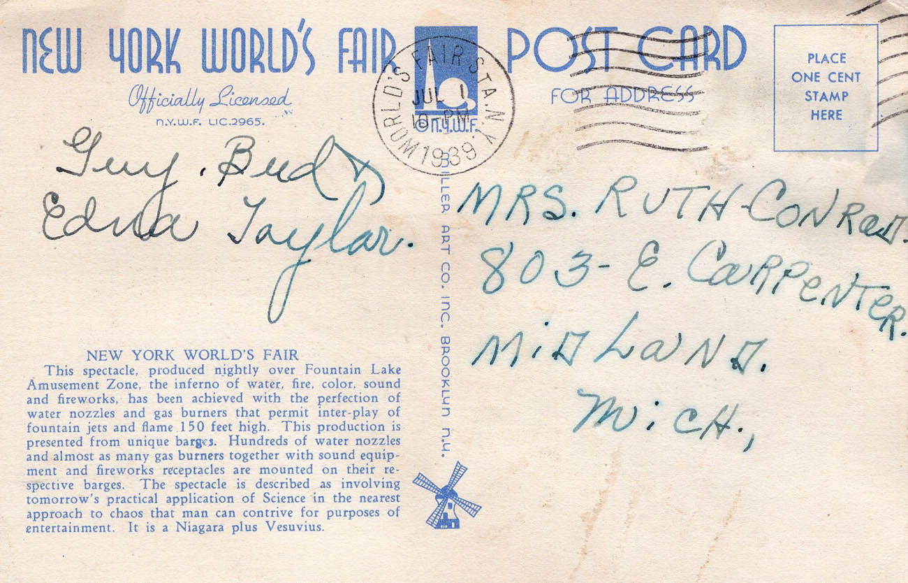 1939 New York World’s Fair postcard by Miller Art Co., #144 back 1939 New York World’s Fair postcard by Miller Art Co., #144 back