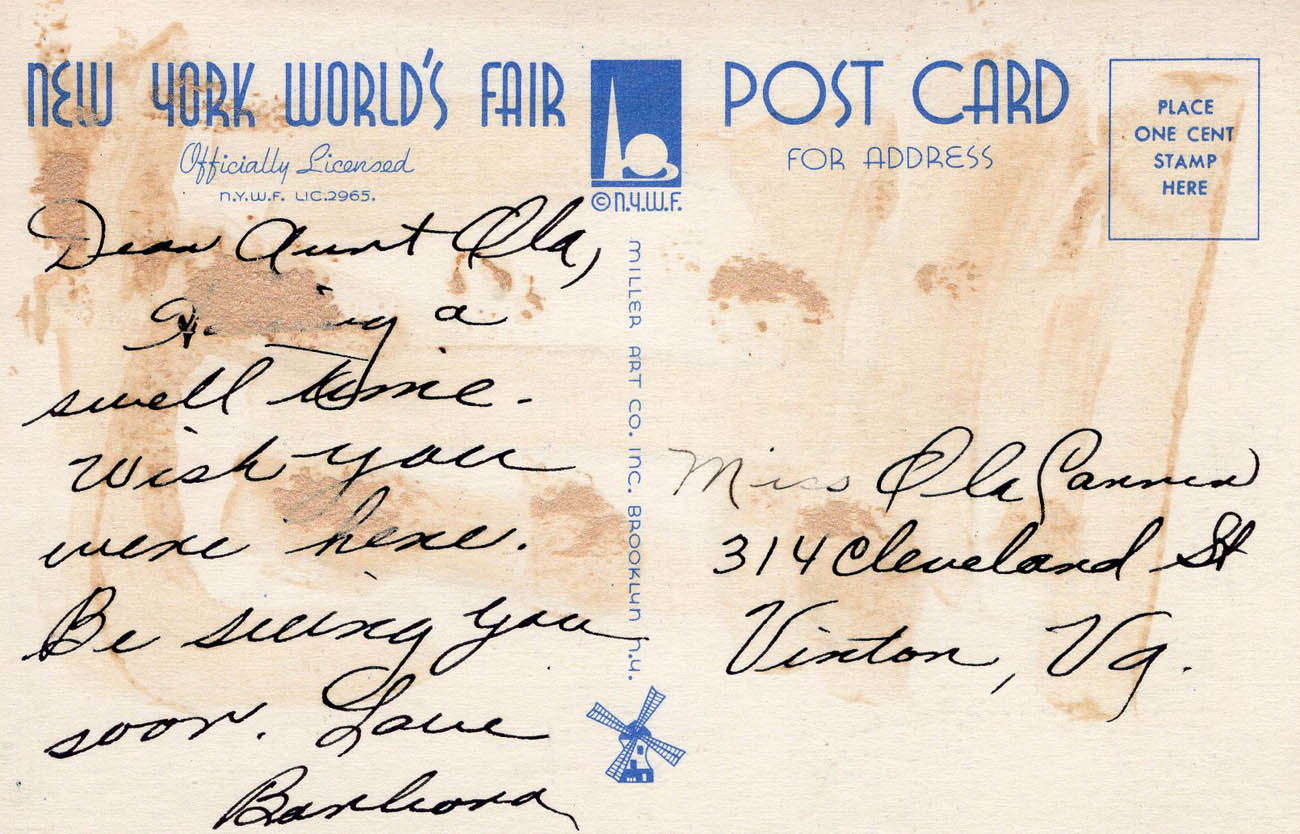 1939 New York World’s Fair postcard by Miller Art Co., #147 back 1939 New York World’s Fair postcard by Miller Art Co., #147 back