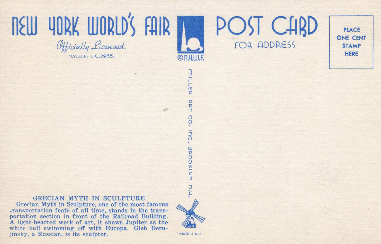 1939 New York World’s Fair postcard by Miller Art Co., #150 back 1939 New York World’s Fair postcard by Miller Art Co., #150 back