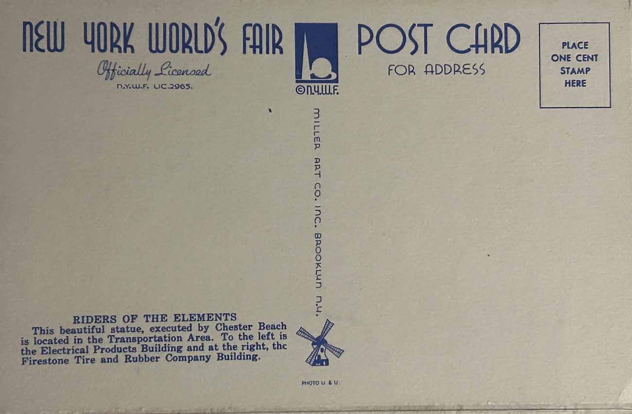 1939 New York World’s Fair postcard by Miller Art Co., #152 back 1939 New York World’s Fair postcard by Miller Art Co., #152 back