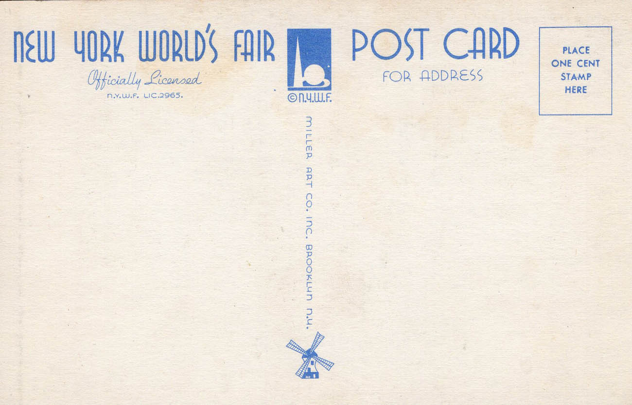 1939 New York World’s Fair postcard by Miller Art Co., #154 back 1939 New York World’s Fair postcard by Miller Art Co., #154 back