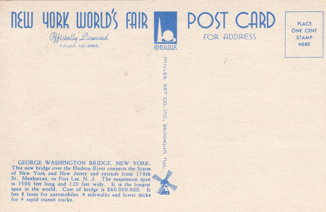 1939 New York World’s Fair postcard by Miller Art Co., #157 back 1939 New York World’s Fair postcard by Miller Art Co., #157 back