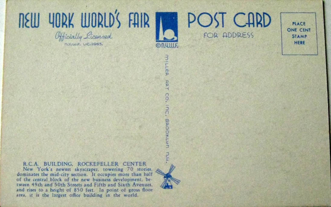 1939 New York World’s Fair postcard by Miller Art Co., #164 back 1939 New York World’s Fair postcard by Miller Art Co., #164 back