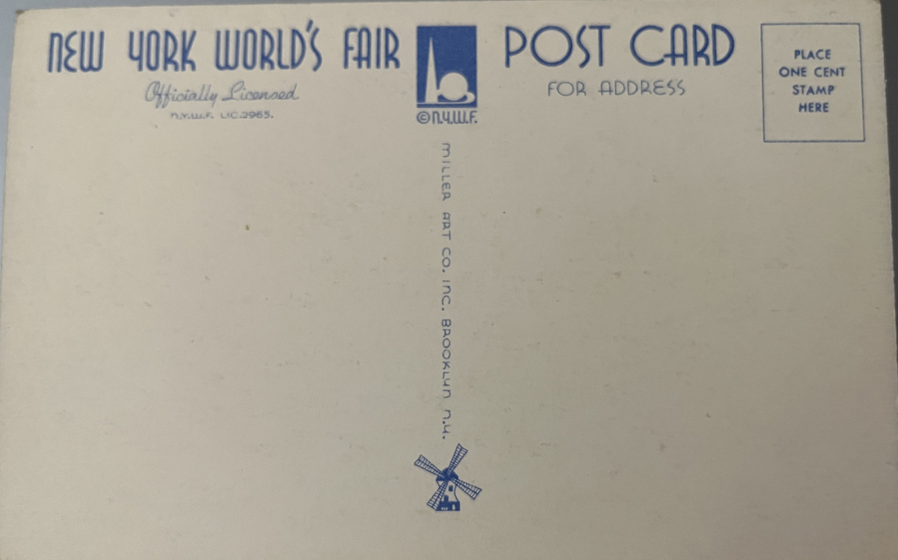 1939 New York World’s Fair postcard by Miller Art Co., #166 back 1939 New York World’s Fair postcard by Miller Art Co., #166 back
