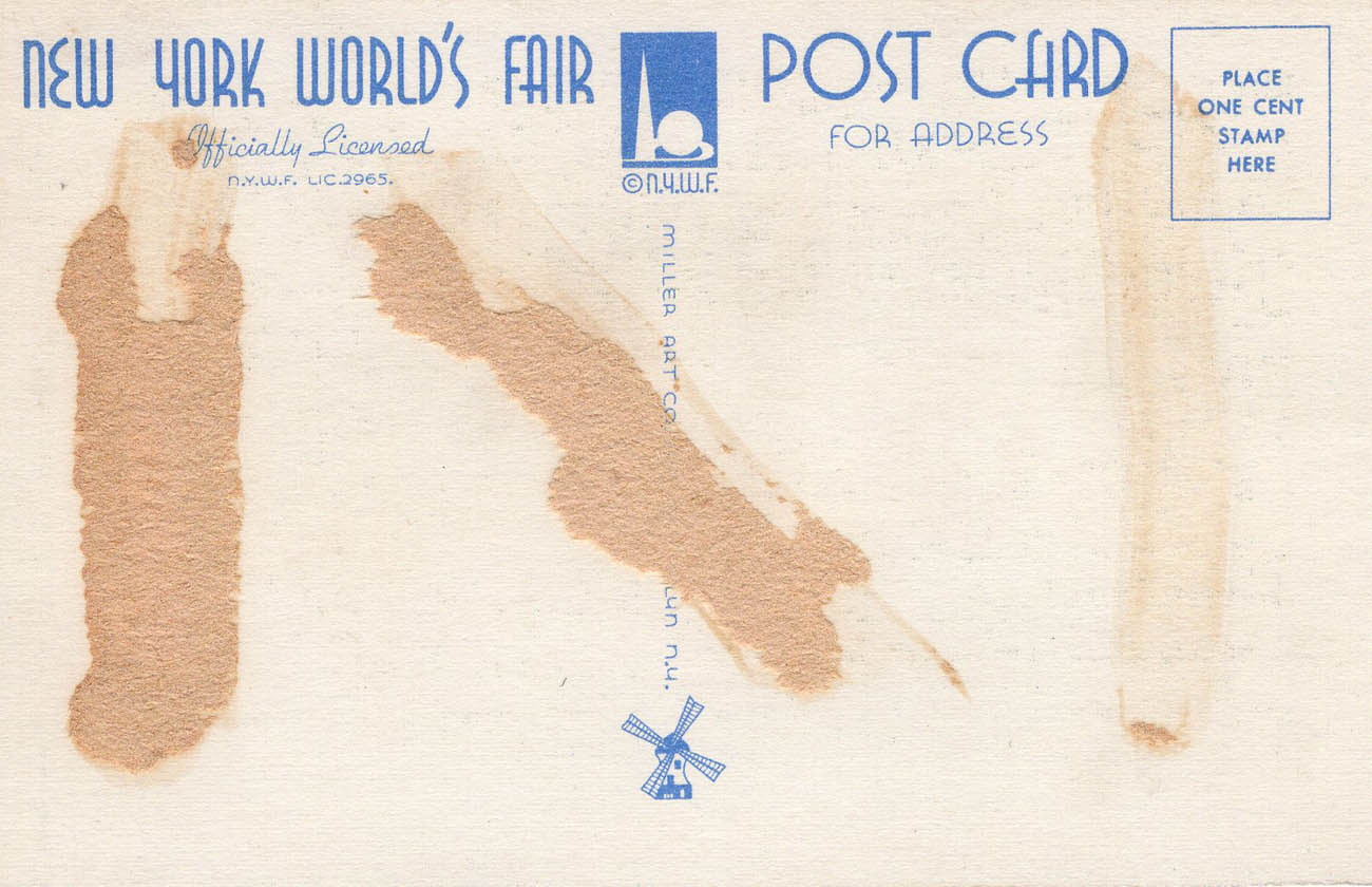 1939 New York World’s Fair postcard by Miller Art Co., #157 back 1939 New York World’s Fair postcard by Miller Art Co., #157 back