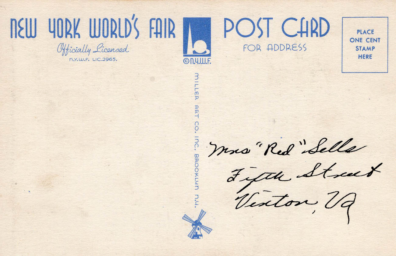 1939 New York World’s Fair postcard by Miller Art Co., #157 back 1939 New York World’s Fair postcard by Miller Art Co., #157 back