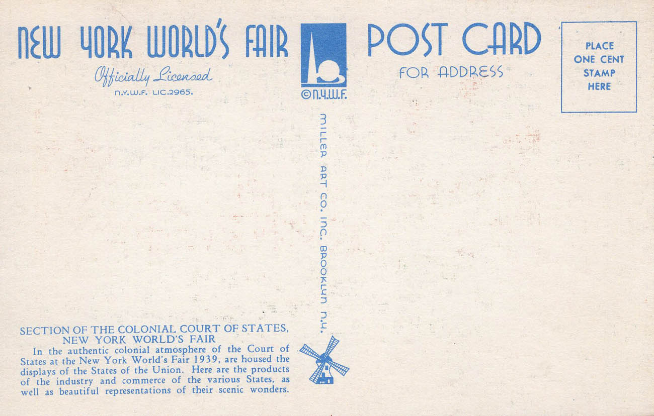 1939 New York World’s Fair postcard by Miller Art Co., #157 back 1939 New York World’s Fair postcard by Miller Art Co., #157 back