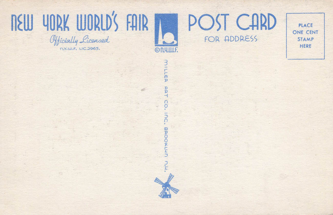 1939 New York World’s Fair postcard by Miller Art Co., #157 back 1939 New York World’s Fair postcard by Miller Art Co., #157 back