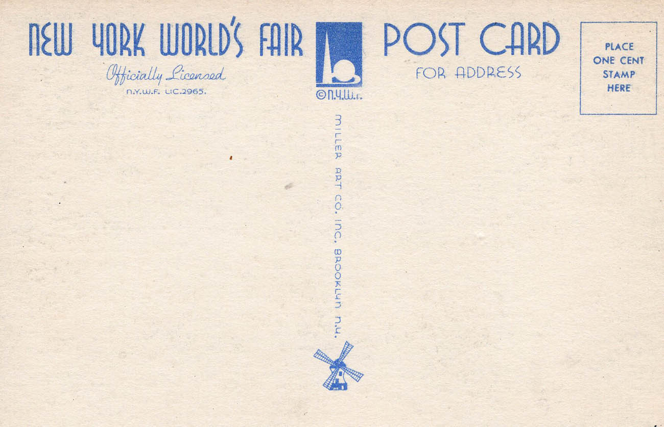 1939 New York World’s Fair postcard by Miller Art Co., #1a back 1939 New York World’s Fair postcard by Miller Art Co., #1a back