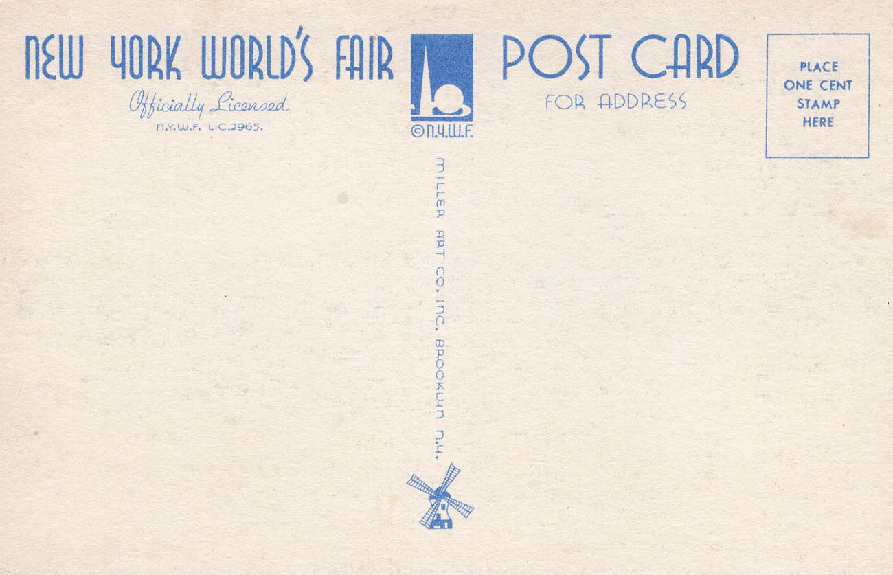 1939 New York World’s Fair postcard by Miller Art Co., #1c back 1939 New York World’s Fair postcard by Miller Art Co., #1c back