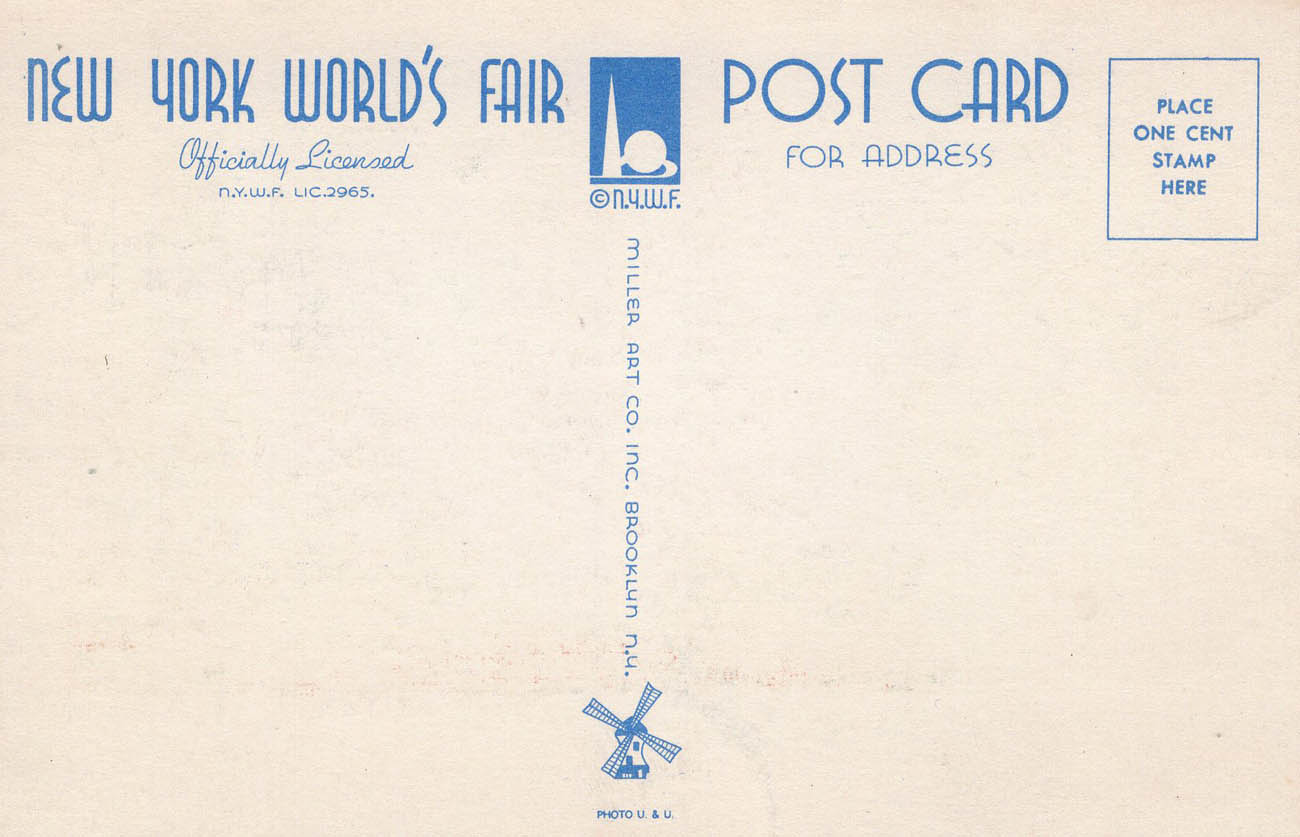 1939 New York World’s Fair postcard by Miller Art Co., #157 back 1939 New York World’s Fair postcard by Miller Art Co., #157 back
