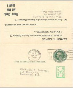 a reply card notice used to update Elmer R. Long's customer list