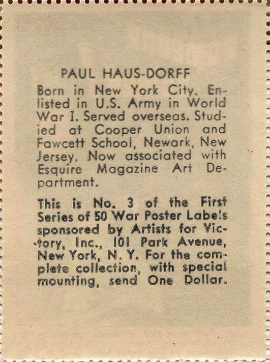 Artists for Victory, WW II Patriotic, Sherman 2nd ed. #7139, A4V #3 back Artists for Victory, WW II Patriotic, Sherman 2nd ed. #7139, A4V #3 back