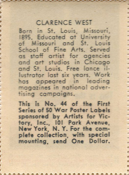 Artists for Victory, WW II Patriotic, Sherman 2nd ed. #8083, A4V #44 back Artists for Victory, WW II Patriotic, Sherman 2nd ed. #8083, A4V #44 back