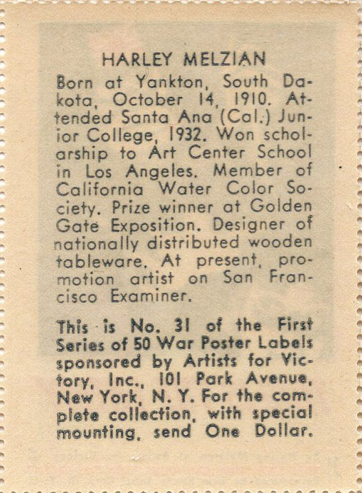 Artists for Victory, WW II Patriotic, Sherman 2nd ed. #8094, A4V #31 back Artists for Victory, WW II Patriotic, Sherman 2nd ed. #8094, A4V #31 back