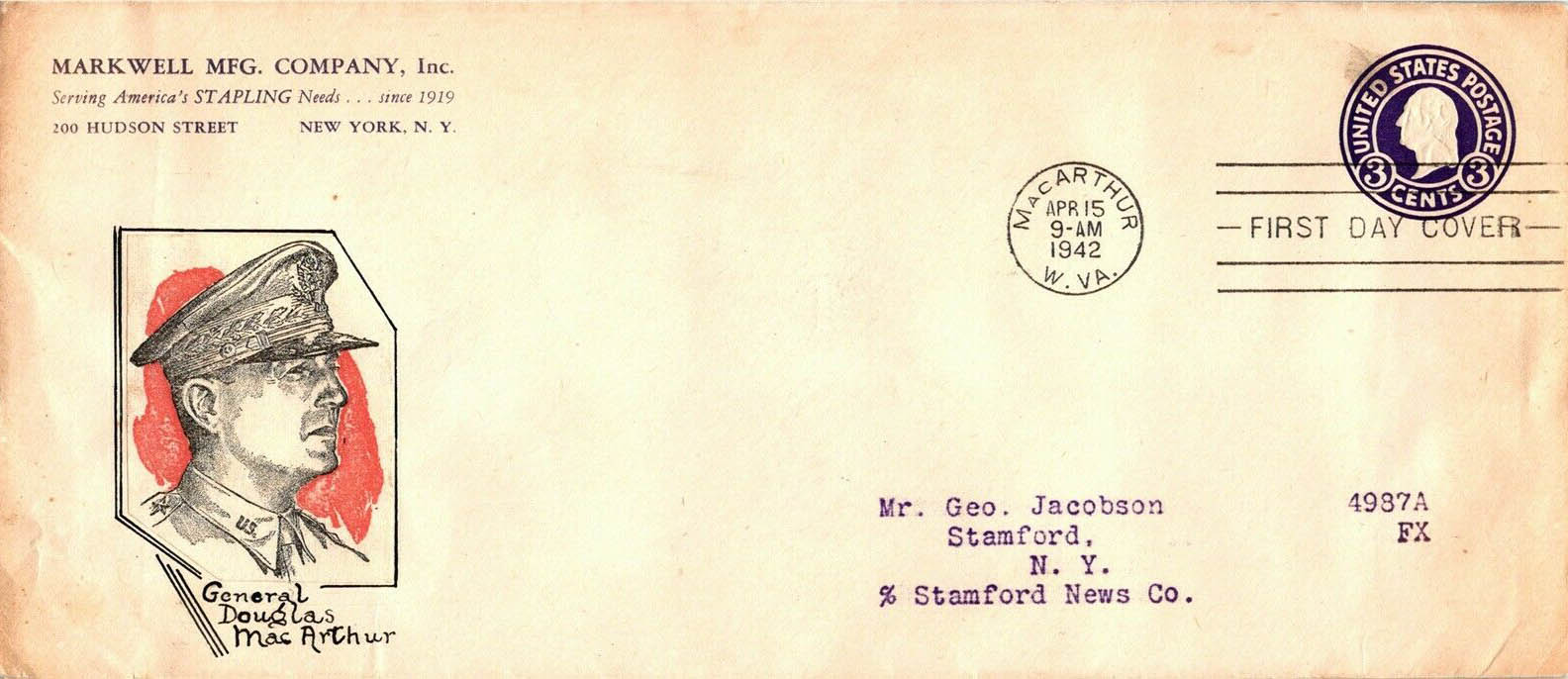 New Post Office Dedication 4-15-1942 #CC1mac2 - Markwell Mfg. Company, Inc. (corner card) with added cachet by unknown New Post Office Dedication 4-15-1942 #CC1mac2 - Markwell Mfg. Company, Inc. (corner card with added cachet by unknown)