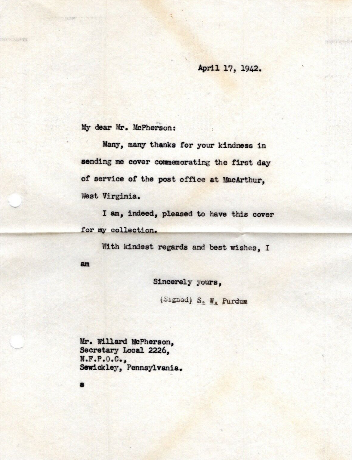 New Post Office Dedication 4-15-1942 #CC4mac - Willard McPherson, Sewickley, Pa. (letter) New Post Office Dedication 4-15-1942 #CC4mac - Willard McPherson, Sewickley, Pa. (letter)
